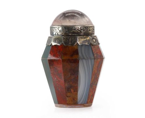 A Scottish Victorian silver mounted hardstone vinaigrette,  of prismatic form, with varicoloured jasper, banded agate and blo