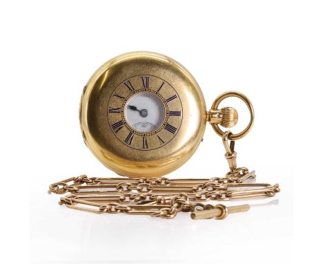 An 18ct gold side wind half hunter pocket watch, by Langford, with a 48mm case and navy enamel Roman numeral chapter ring to 