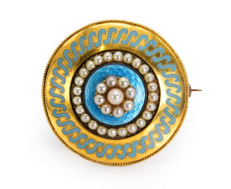 A Victorian seed pearl and enamel memorial brooch,  the central boss with a cluster of seed pearls over a guilloché enamel gr