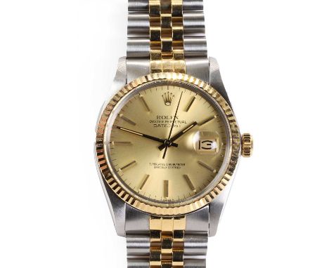 A Gentlemen's stainless steel and 18ct gold Rolex Datejust bracelet watch, c.1973,  ref. 16013, 36mm diameter, with a champag