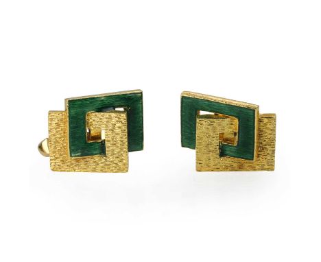A pair of modernist textured gold enamelled cufflinks,  each comprising two interlocking open square panels, one with a bark 