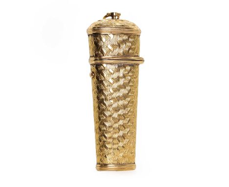 A Continental gold etui, mid-18th century,  of tapering form, with a hinged lid and gold push button, decorated throughout wi