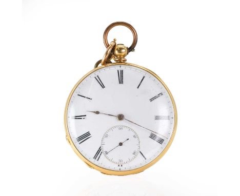 A gold key wind open faced pocket watch, with a 44mm diameter case, a white enamel dial, black Roman numerals, gilt spade and