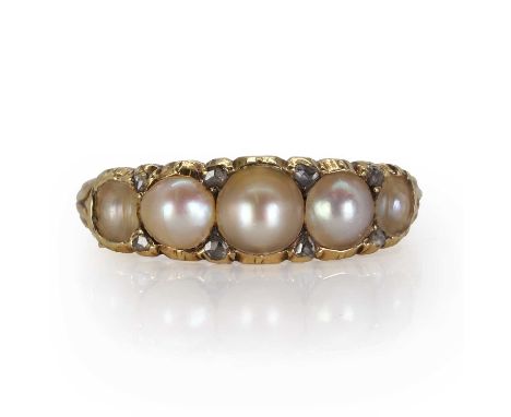 A Victorian five stone pearl ring,  set with five graduated split pearls, interspaced with rose cut diamond points, to groove