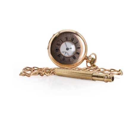 A 9ct gold side wind half-hunter pocket watch, with a 48mm diameter case and black enamel Roman numeral chapter ring to the f