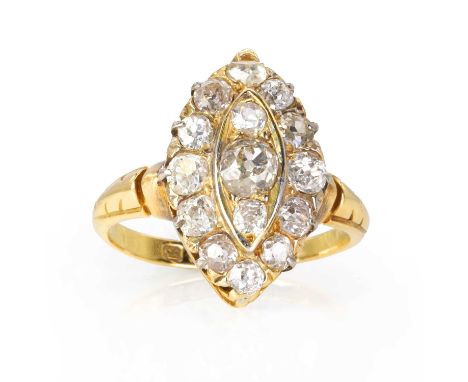A late Victorian 18ct gold diamond navette cluster ring,   set with varying sizes of old mine cut diamonds, claw set, in a na