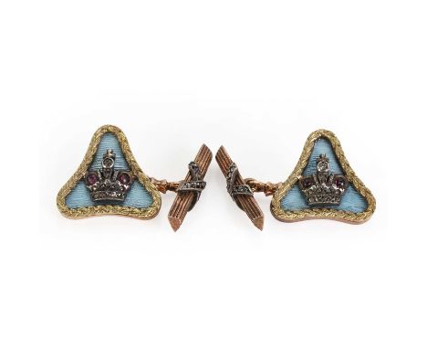 A pair of two-colour gold cufflinks by Fabergé, c.1880-1913,  each triangular plate with an applied silver crown set with ros