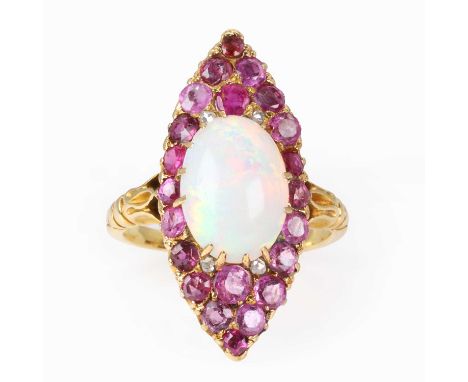 An opal, ruby and pink sapphire marquise form ring,  an oval cabochon opal, 8.50mm x 11.50mm, claw set to the centre of a rub