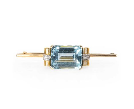 An aquamarine and diamond bar brooch, c.1940-1950, the odeonesque design brooch centrally set with a rectangular step cut aqu