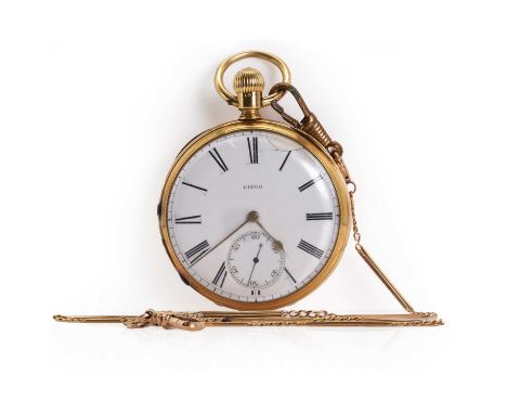 An 18ct gold open faced pocket watch, c.1875, a white enamel dial, damaged, with Roman numerals, a subsidiary seconds dial an