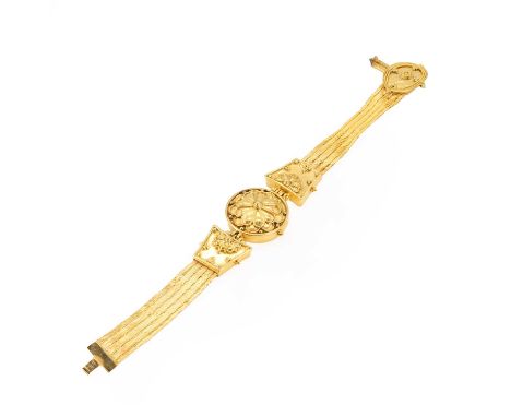 A high carat gold bracelet, the front with a circular panel with floral detailing, onto a fine woven link strap, with a clasp