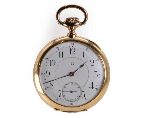 An 18ct gold top wind open faced Omega pocket watch, the case with a hand engraved monogram verso, 50mm in diameter, with a w