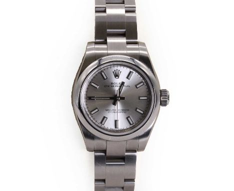 A ladies' stainless steel Rolex Oyster Perpetual automatic watch, c.2017,  ref. 176200, 26mm case, with a silvered dial, lumi