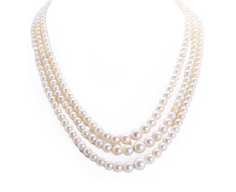 A three row cultured pearl necklace, three rows of graduated cultured pearls, 2.90mm to 8.25mm, untested, strung plain to a w