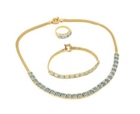 A gold and blue topaz jewellery suite, the necklace with two rows of rectangular mixed cut blue topaz, to a foxtail link back