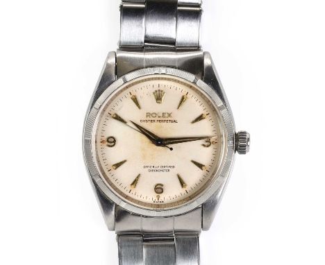 A gentlemen's stainless steel Rolex Oyster Perpetual automatic watch, c.1957,  reference 6565: 34mm case, with a textured cre