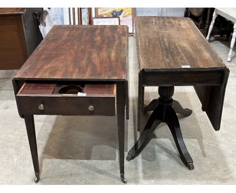 Two mahogany drop leaf tables, one with a caddy drawer