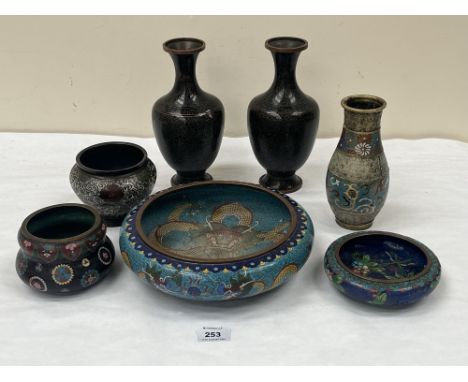 Seven items of Japanese cloisonne enamel metalware to include a pair of inverted baluster vases. 9¼' high