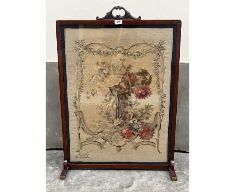 A late 19th century mahogany fire screen, the needlework banner by Gobelins Manufactory, Paris. 26' w x 36' h