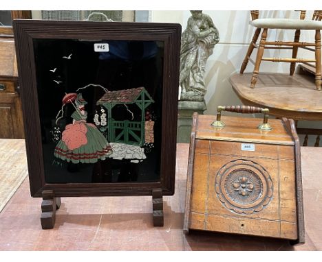 A Victorian walnut coal scuttle and an embroidered fire screen