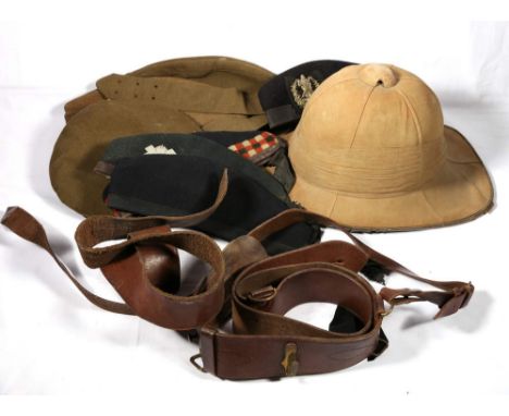 William Anderson & Son Ltd., cap with RE badge, four Glengarries/berets, one with Cameron Highlanders badge, two leather belt