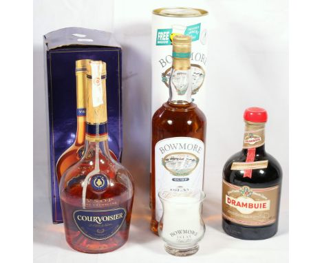 BOWMORE SURF Islay single malt Scotch whisky, 1 litre, 40% vol., with tube; COURVOISIER VSOP, fine champagne, 1 litre, 40% vo