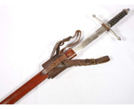 George V Scottish boradsword having etched KOSB blase, bar cross guard with bulb finials, wire bound grip, complete with scab