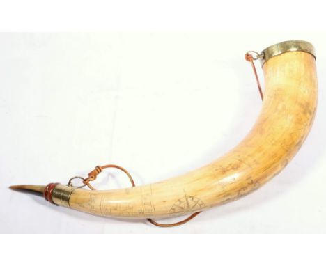 Mid 18th century scrimshaw powder horn with brass mounts to Doctor J. Phillips, the horn with masonic symbols, crest, compass