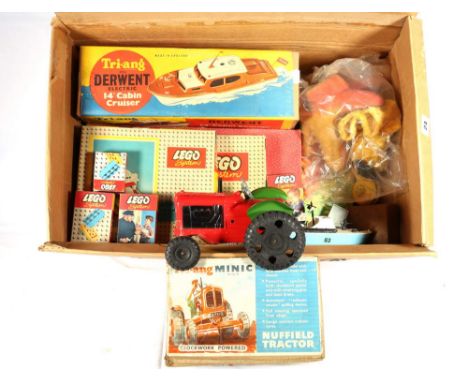 Tri-ang Lines Brothers 4145 Derwent electric 14in cabin cruiser, boxed; Tri-ang Minic clockwork-powered Nuffield tractor, box