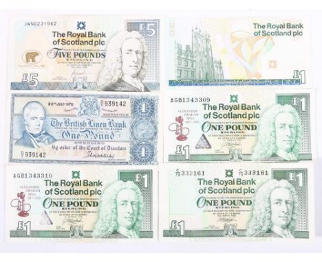 The Royal Bank of Scotland Plc £5 banknote, 14th July 2005, Jack Nicholas, four £1 banknotes, and The British Linen Bank £1 b