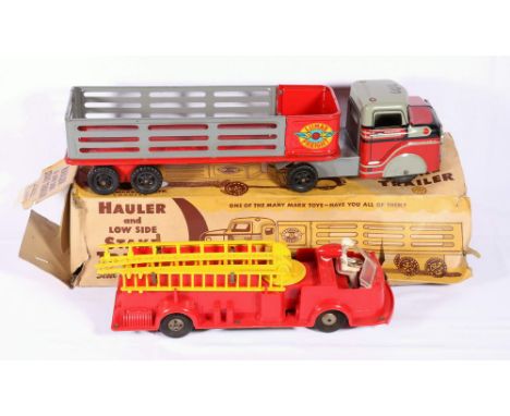 Louis Marx & Co., Ltd of Swansea Marx Toys Hauler and Low Side Stake Trailer, boxed, and a Marx 'Deluxe Truck' fire engine, u