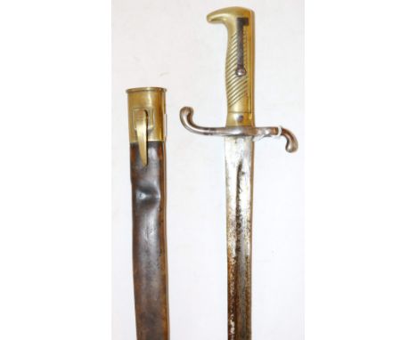 German sword bayonet 571 having straight fullered blade with ricasso marked 'Gebr Sim-Suhl', scroll gullion and brass grip, c