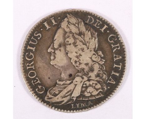 United Kingdom George II (1727 - 1760) silver half crown 1745, Decimo Nono Lima below bust, S3695.