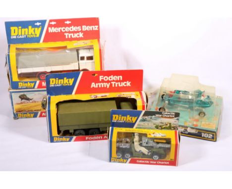 Dinky Roys 361 Galactic War Chariot; 940 Mercedes Benz truck; 668 Foden army truck; 618 AEC Arctic transporter with helicopte