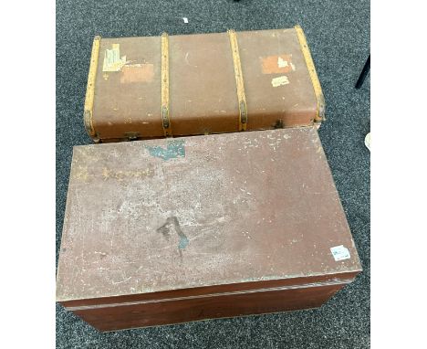 Vintage wooden and metal cabin trunk and vintage tin drunk largest measures approx 36 inches long by 19 inches wide