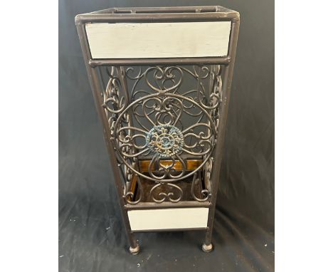 Vintage wooden and metal umbrella stand measures approximately 20 inches tall