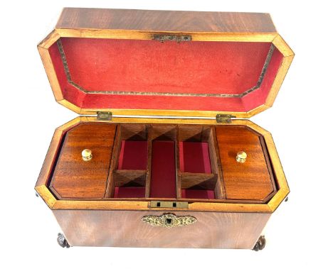 Mahogany tea caddy with brass handles measures approximately 12.5 inches wide 7 inches tall