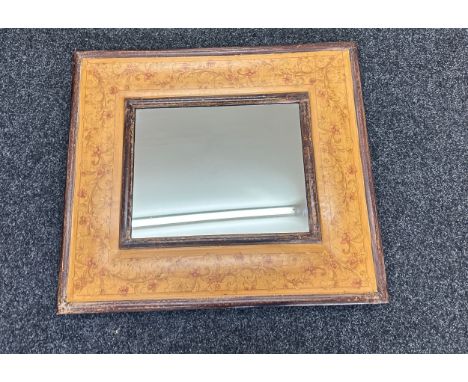 Vintage inlaid wooden mirror measures approx 26 inches tall by 29.5 inches wide
