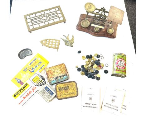 Selection vintage collectable items to include an advertising tins, buttons, post office scales, brassware etc 