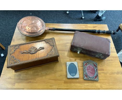 Selection of vintage collectable items to include wooden box, copper warming pan, small trunk and frames 