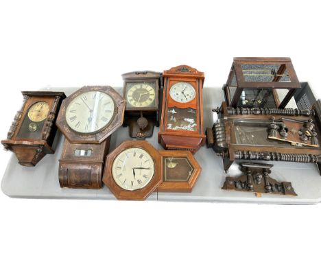 Selection of vintage wooden wall hanging clocks, spare and repairs together with balance scale casing 