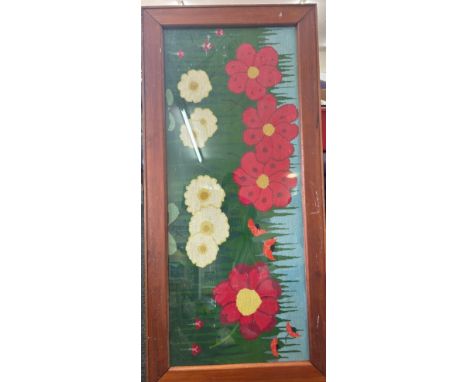 Large frame tapestry and a mahogany plant stand.Frame measures approximately 60 inches by 28 inches.
