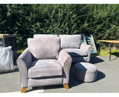 Two seater sofa, arm chair and foot stool, 2 seater measures approximately Height 35 inches, Depth 37 inches, Width 75 inches