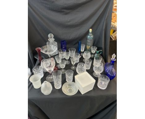 Selection of vintage and later glassware includes decanters etc 