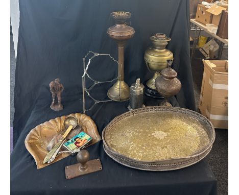 Selection of vintage and later metal ware includes bed warming pans, oil lamp bases etc 