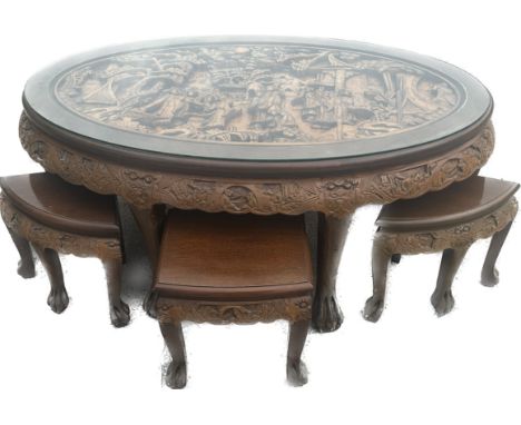 Vintage Carved Teak oriental Tea Table with 6 Stools and glass top with ball and claw feet