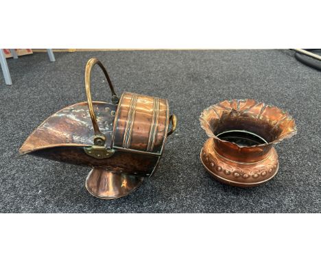 Vintage copper coal scuttle and a copper jardiniere 