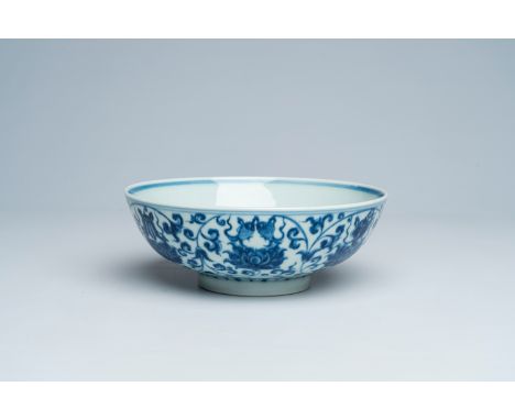 Full title: A Chinese blue and white 'bajixiang' lotus scroll bowl, Xuande mark, 20th C.Description:H 7,4 cm - Dia.: 20,2 cm 