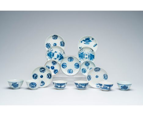 Full title: Nine various Chinese blue and white Vietnamese market 'Bleu de Hue' saucers and six bowls, 19th C.Description:Dia