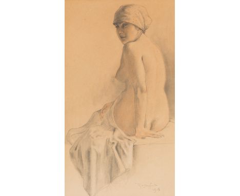 Full title: Armand Rassenfosse (1862-1934): Nude seated lady, mixed media on paper, dated 1918Description:Work: ca. 34,1 x 19